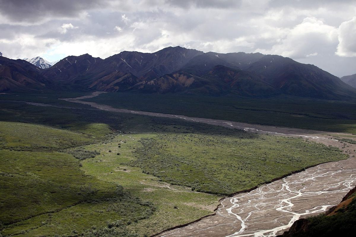 Verzweigter Schotterfluss in einem weiten Tal, davor grüne Strauchtundra, dahinter eine dunkle Bergkette unter schweren Wolken