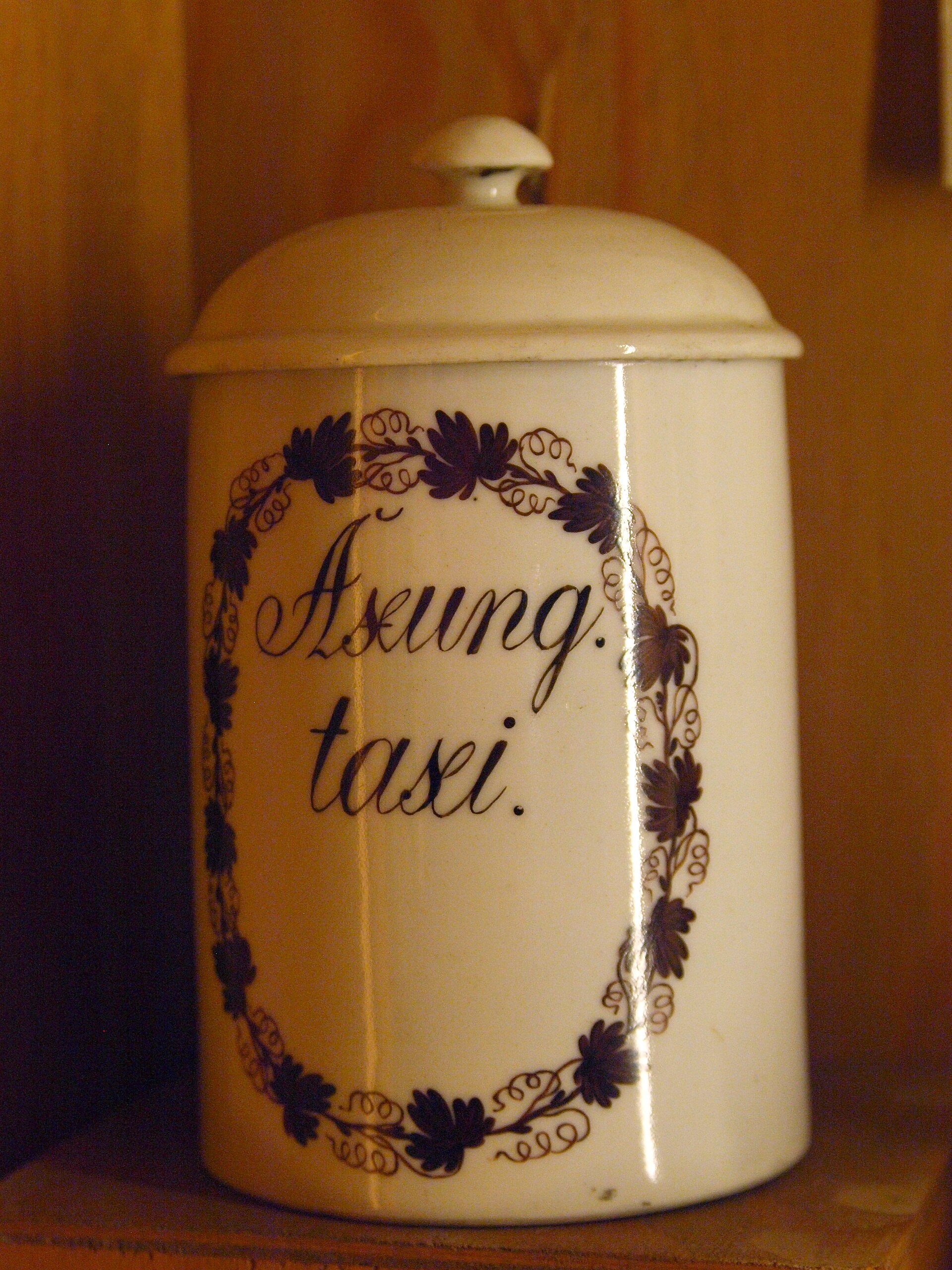 Apothecary vessel with inscription Axung taxi (badgers fat) dating to 19th century at Deutsches Apothekenmuseum Heidelberg, Germany