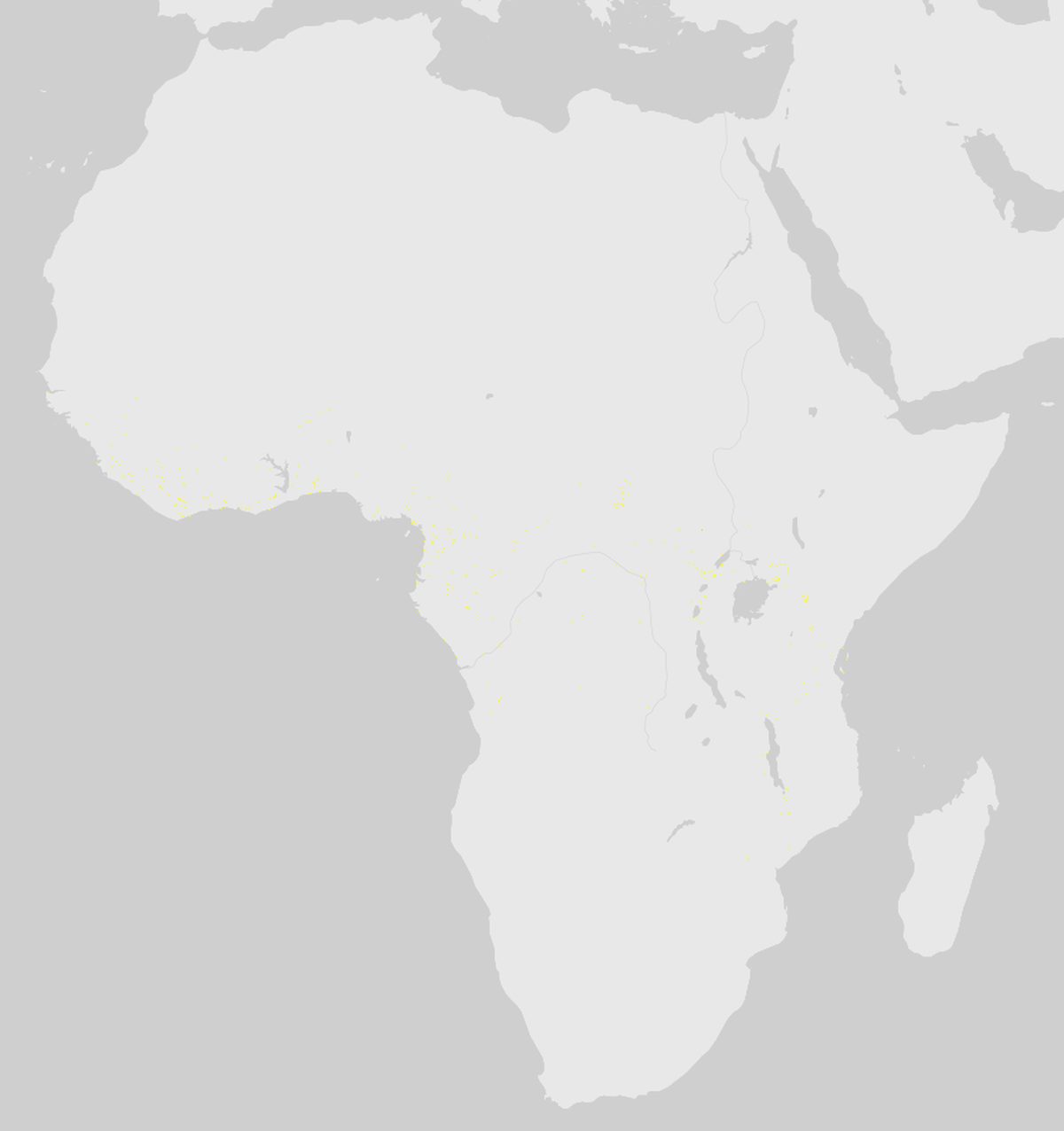 GBIF-Nachweise von Antilopen (Bovidae) (Bovidae (diverse Gattungen)) in Afrika. Gelbe bis rote Punkte: Dichte wissenschaftlicher Beobachtungen.