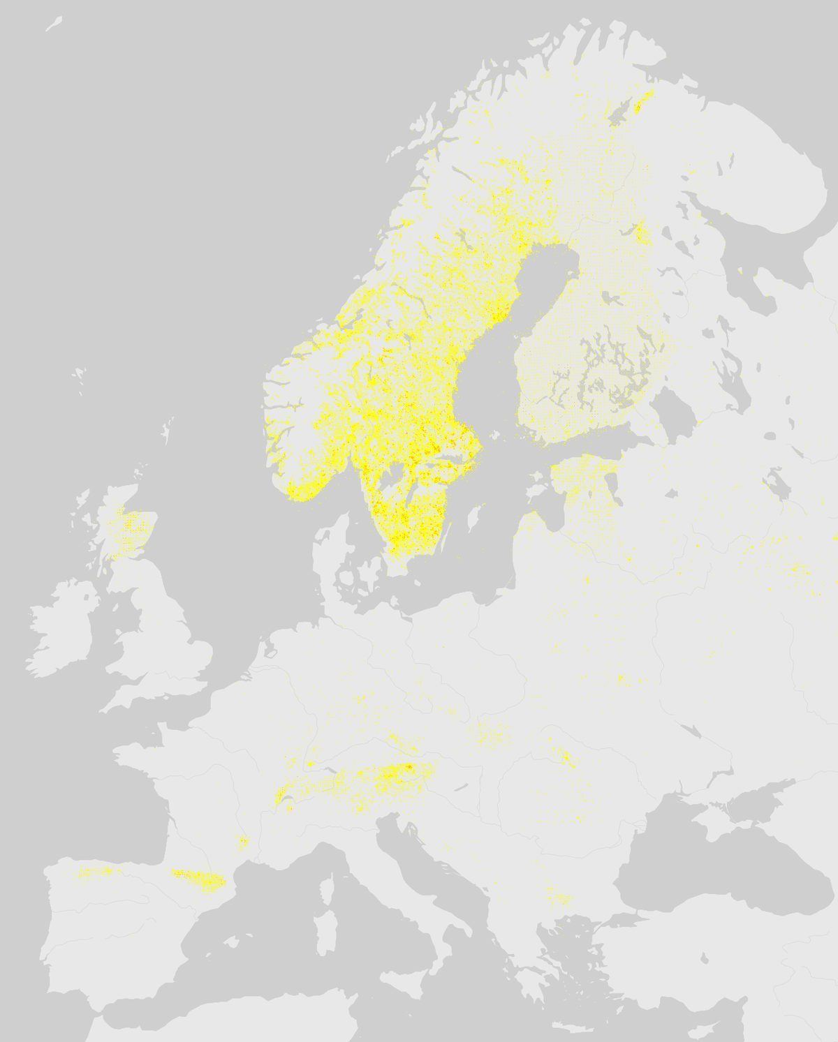 GBIF-Nachweise von Auerhuhn (Tetrao urogallus) in Europa. Gelbe bis rote Punkte: Dichte wissenschaftlicher Beobachtungen.