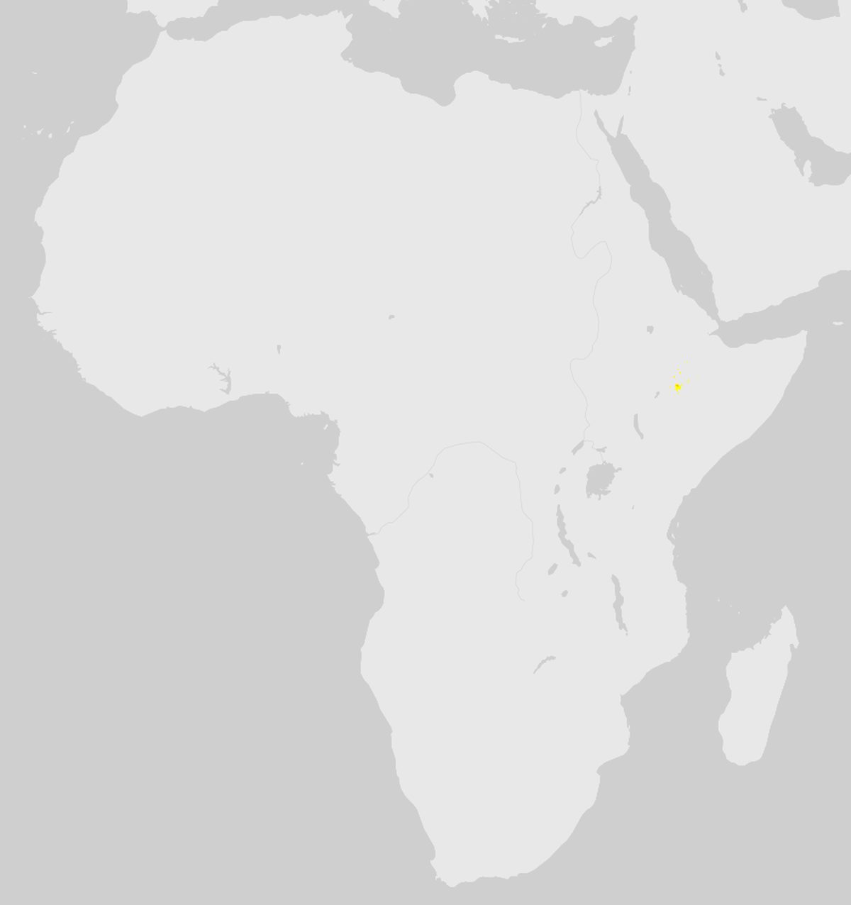 GBIF-Nachweise von Bergnyala (Tragelaphus buxtoni) in Afrika. Gelbe bis rote Punkte: Dichte wissenschaftlicher Beobachtungen.