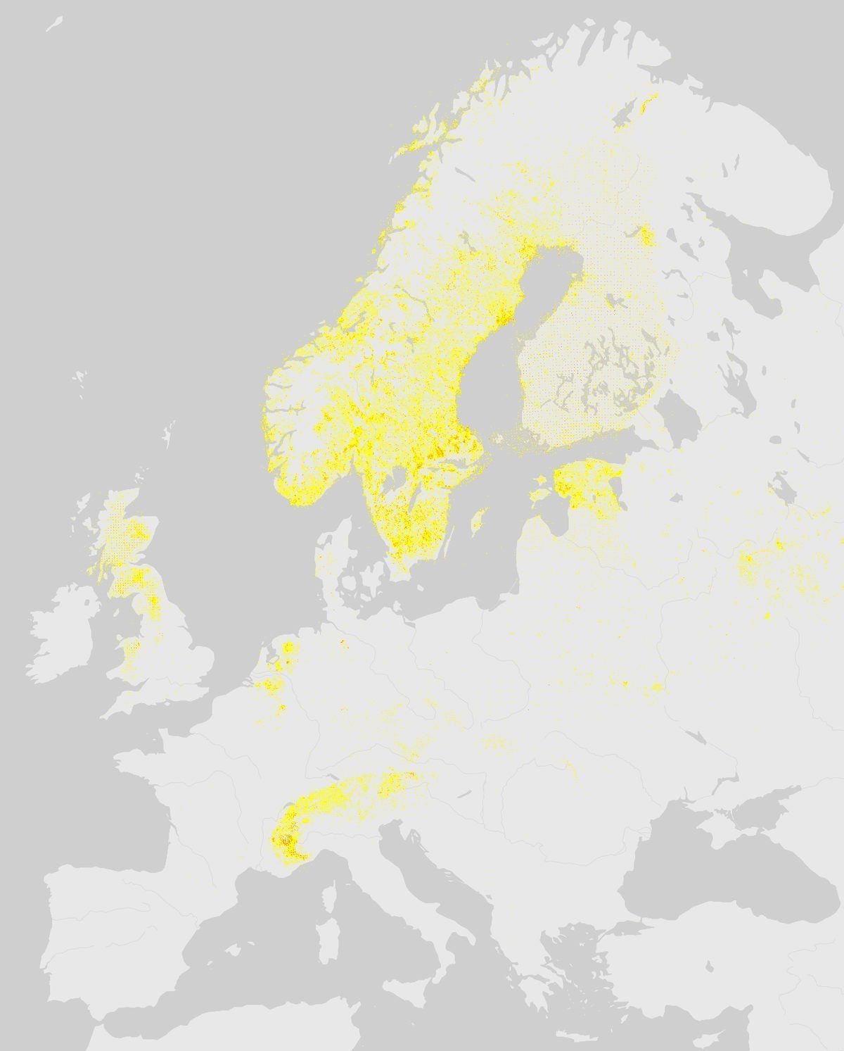 GBIF-Nachweise von Birkhuhn (Lyrurus tetrix) in Europa. Gelbe bis rote Punkte: Dichte wissenschaftlicher Beobachtungen.