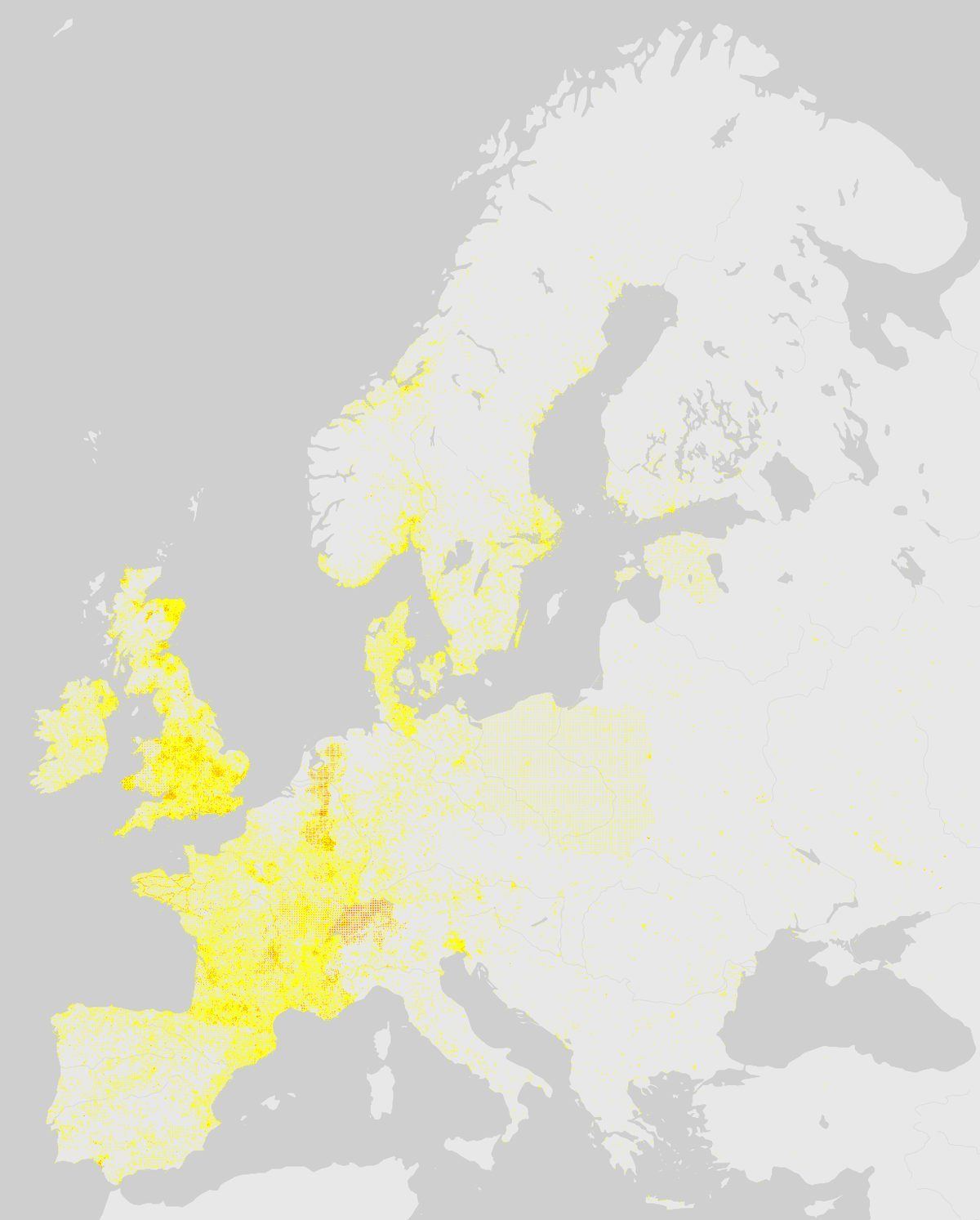 GBIF-Nachweise von Dachs (Meles meles) in Europa. Gelbe bis rote Punkte: Dichte wissenschaftlicher Beobachtungen.