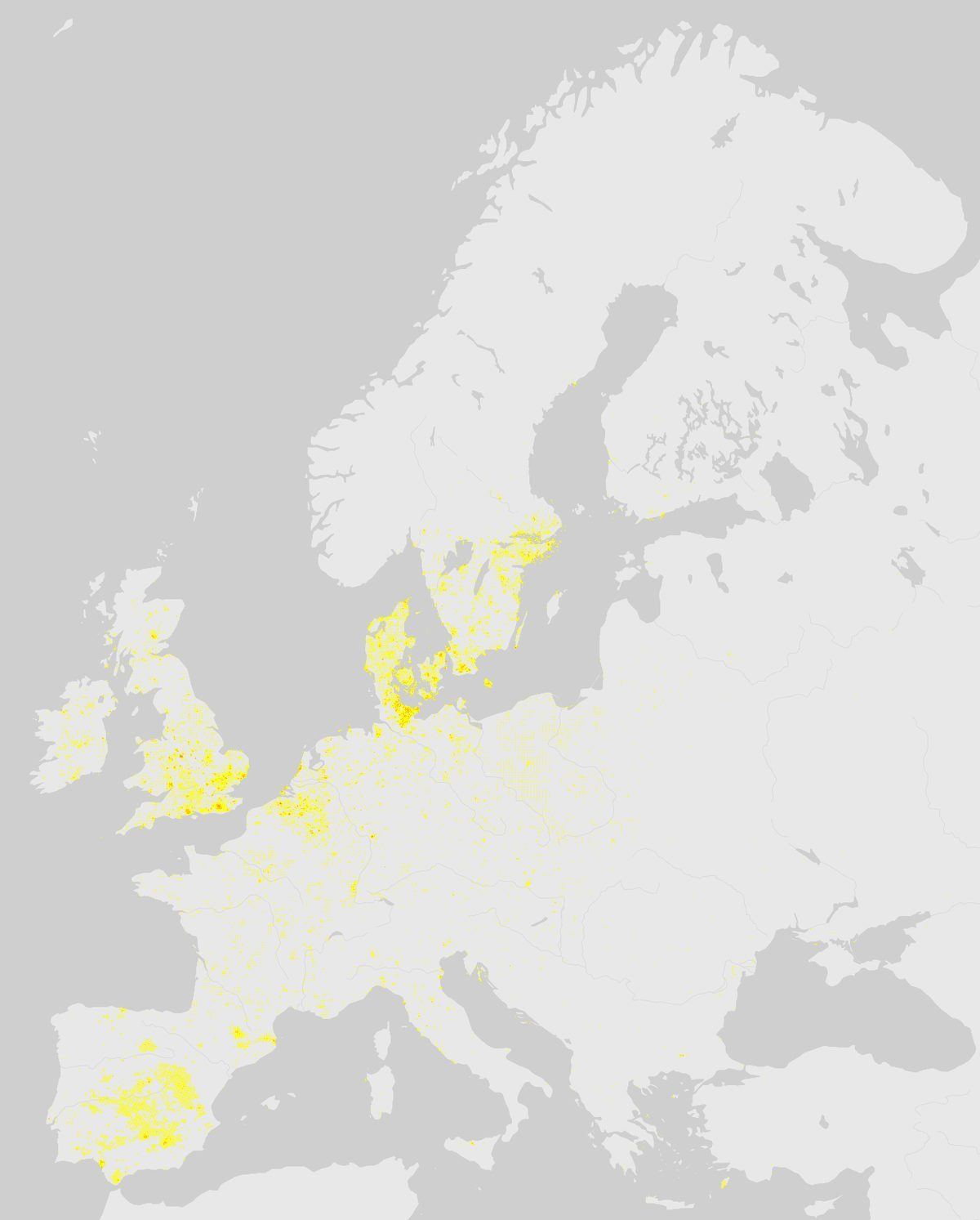 GBIF-Nachweise von Damhirsch (Damwild) (Dama dama) in Europa. Gelbe bis rote Punkte: Dichte wissenschaftlicher Beobachtungen.