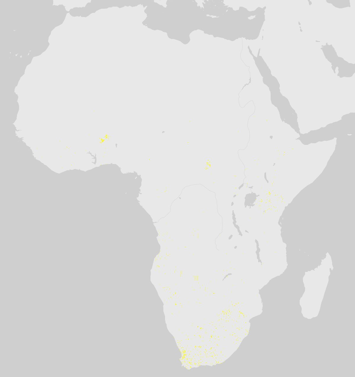 GBIF-Nachweise von Erdferkel (Orycteropus afer) in Afrika. Gelbe bis rote Punkte: Dichte wissenschaftlicher Beobachtungen.