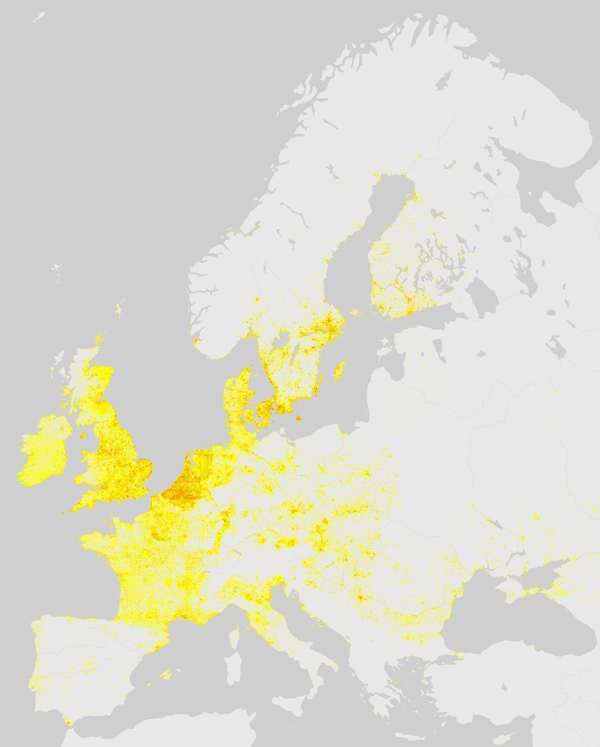 GBIF-Nachweise von Fasan (Phasianus colchicus) in Europa. Gelbe bis rote Punkte: Dichte wissenschaftlicher Beobachtungen.
