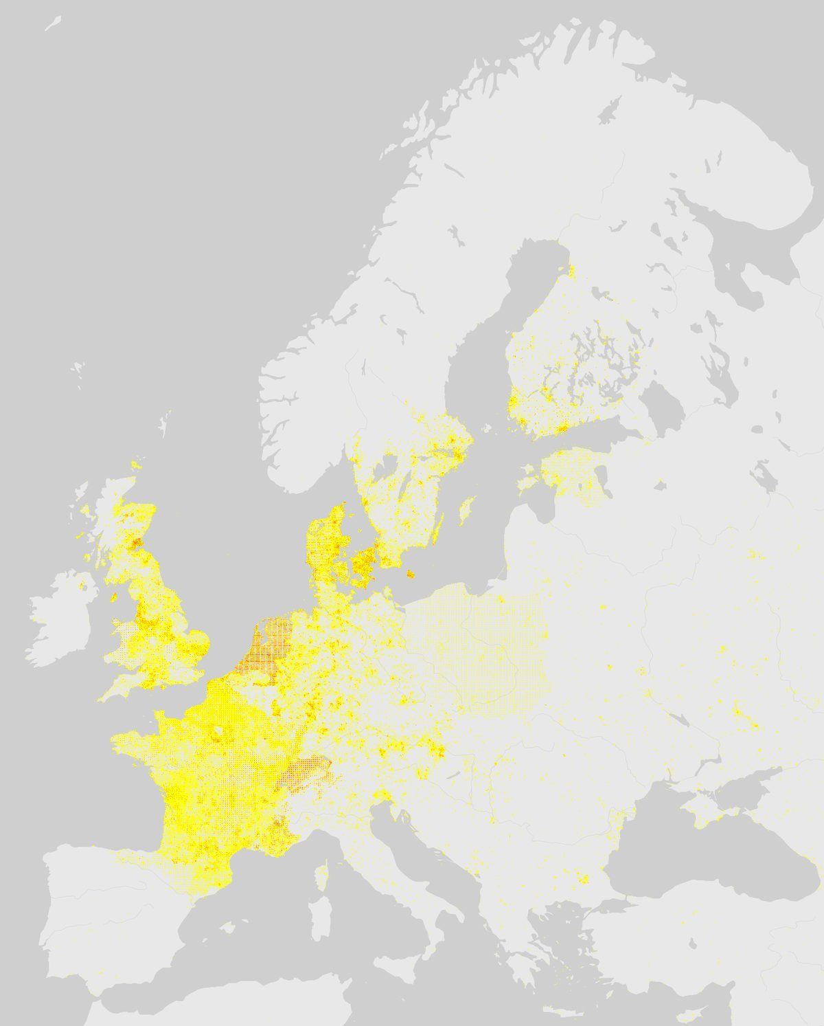 GBIF-Nachweise von Feldhase (Lepus europaeus) in Europa. Gelbe bis rote Punkte: Dichte wissenschaftlicher Beobachtungen.