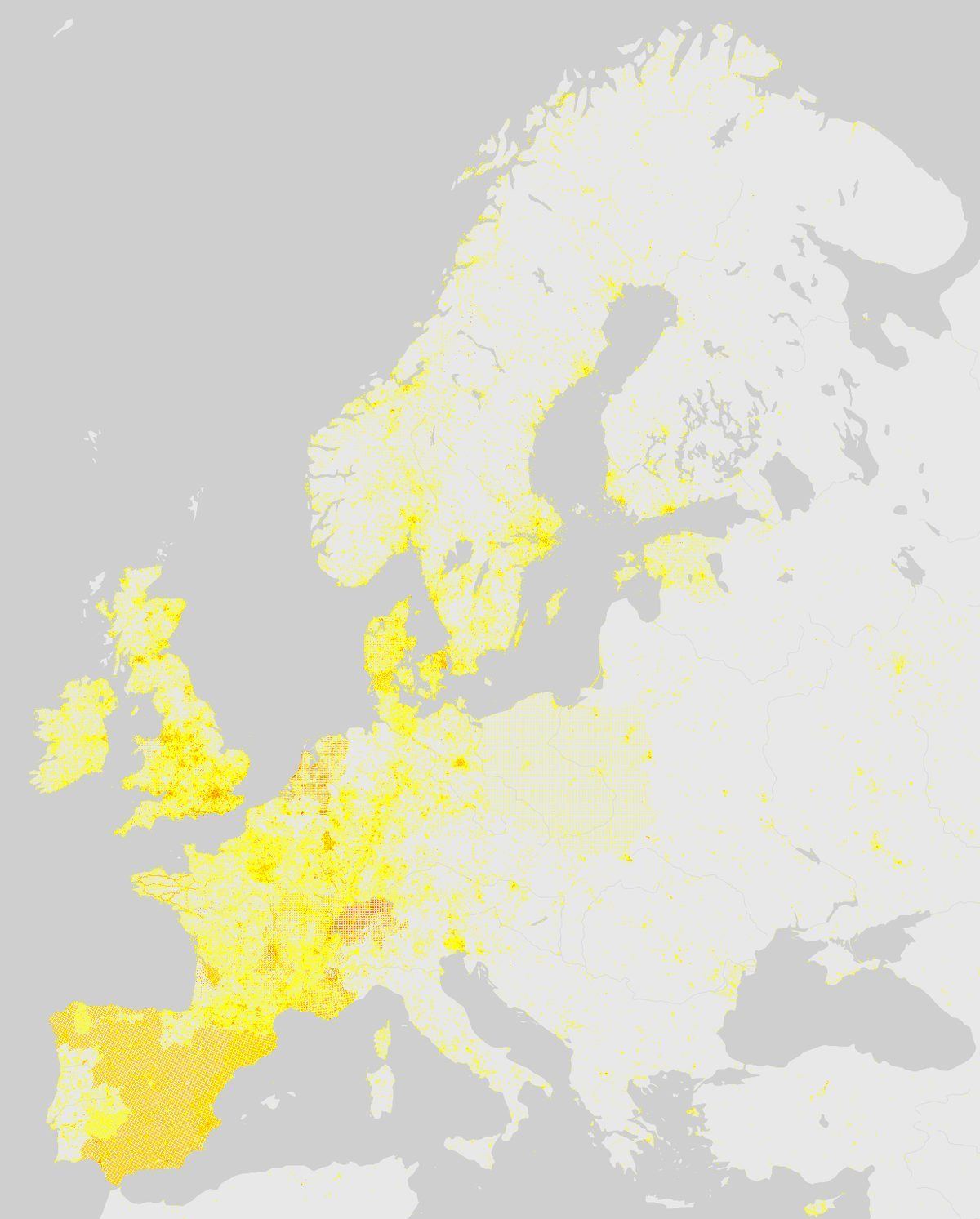 GBIF-Nachweise von Rotfuchs (Vulpes vulpes) in Europa. Gelbe bis rote Punkte: Dichte wissenschaftlicher Beobachtungen.