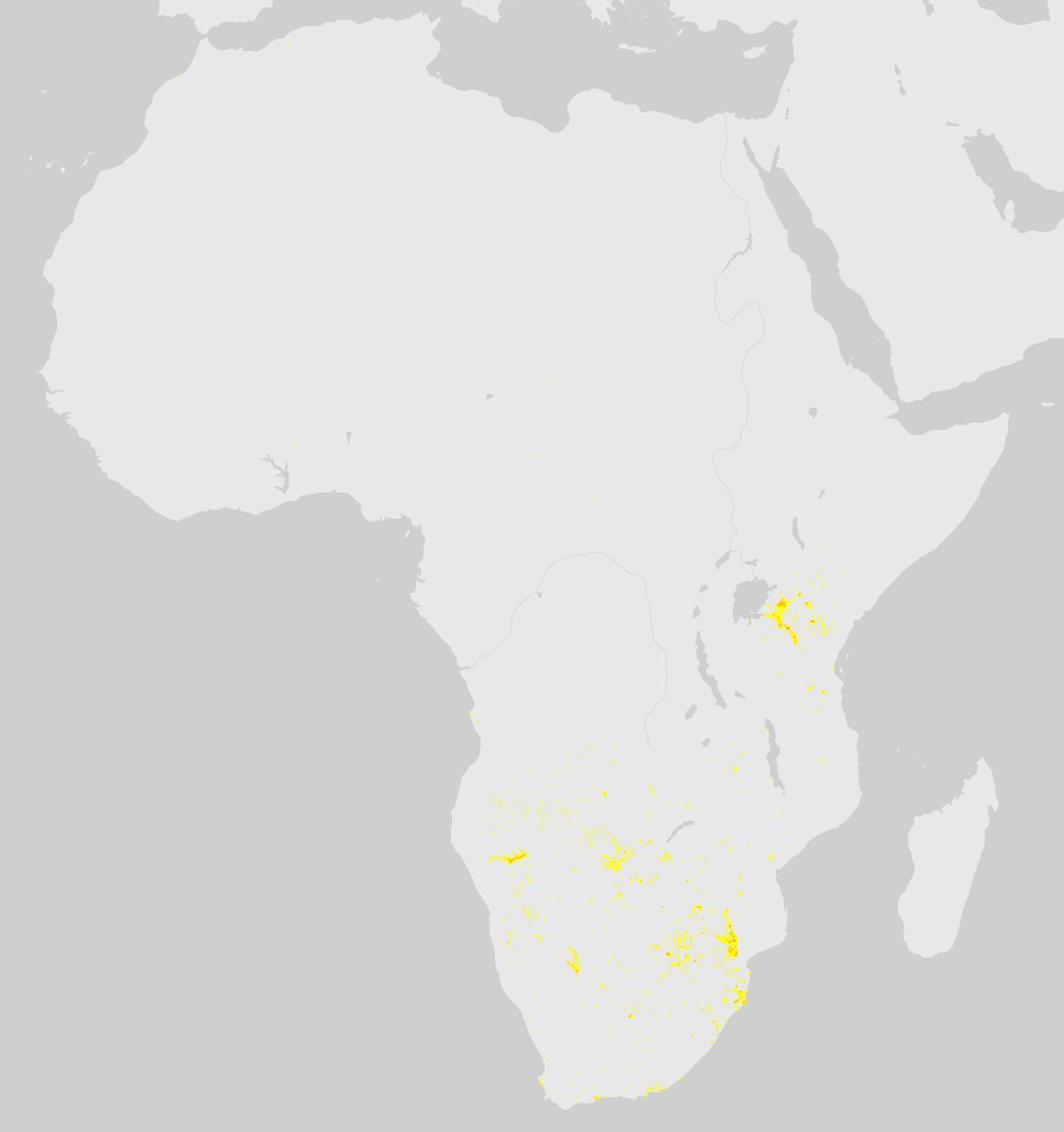 GBIF-Nachweise von Streifengnu (Connochaetes taurinus) in Afrika. Gelbe bis rote Punkte: Dichte wissenschaftlicher Beobachtungen.