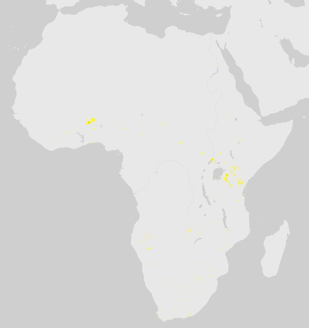 GBIF-Nachweise von Kuhantilope (Alcelaphus buselaphus) in Afrika. Gelbe bis rote Punkte: Dichte wissenschaftlicher Beobachtungen.
