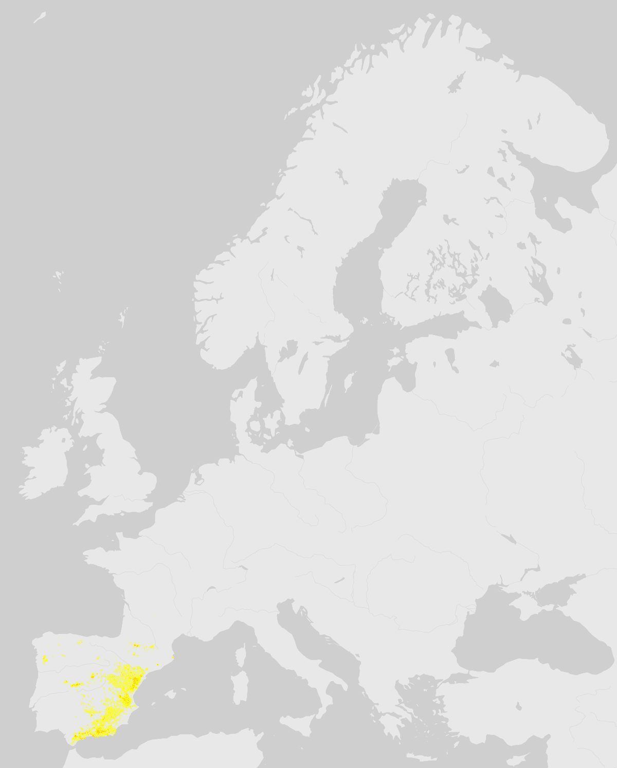 GBIF-Nachweise von Iberiensteinbock (Capra pyrenaica) in Europa. Gelbe bis rote Punkte: Dichte wissenschaftlicher Beobachtungen.