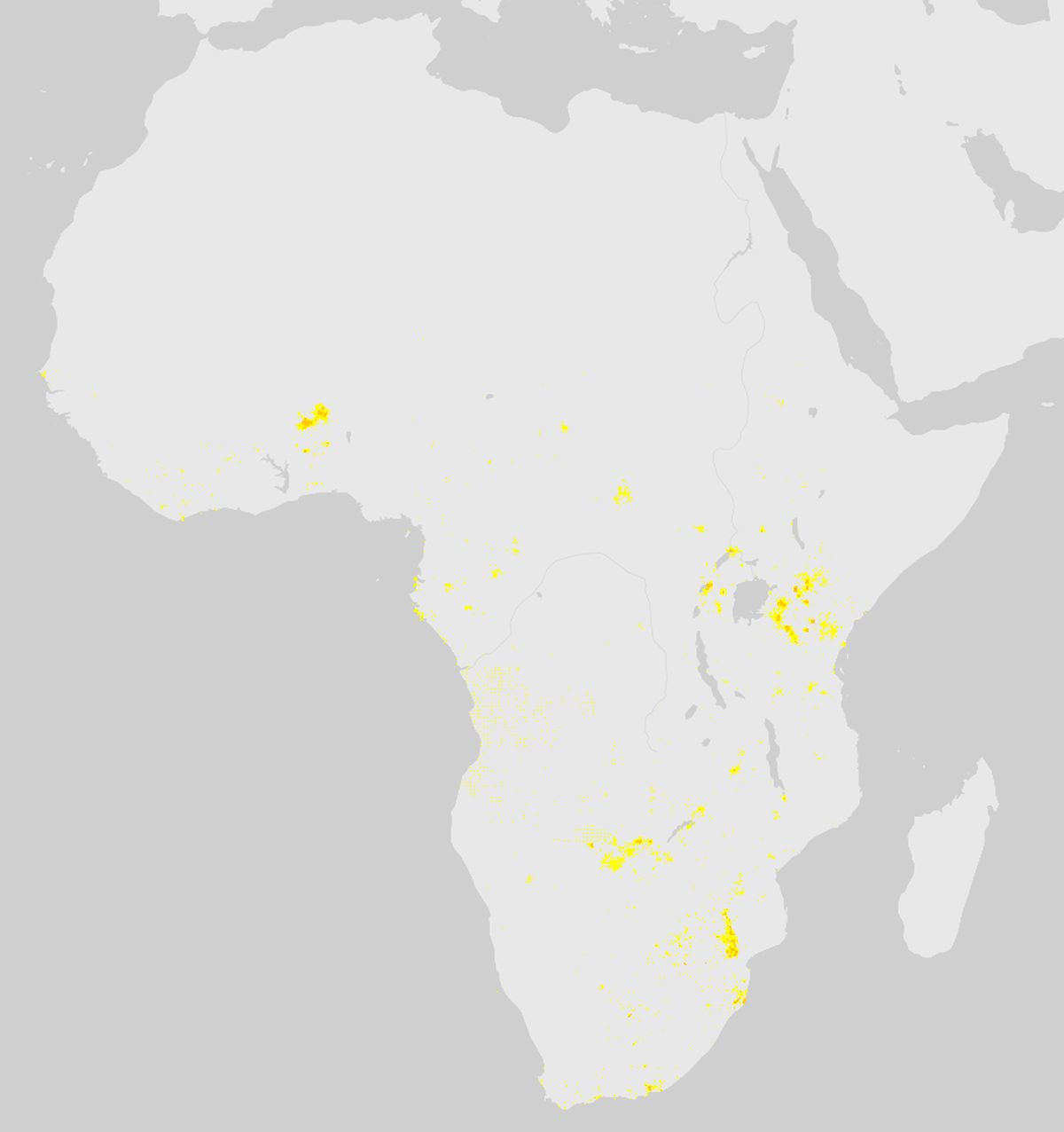 GBIF-Nachweise von Afrikanischer Büffel (Syncerus caffer) in Afrika. Gelbe bis rote Punkte: Dichte wissenschaftlicher Beobachtungen.