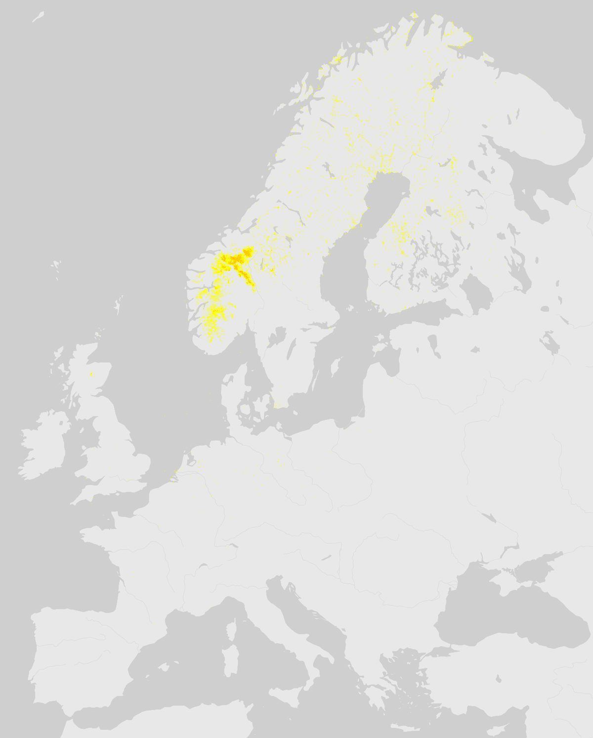 GBIF-Nachweise von Karibu (Rentier) (Rangifer tarandus) in Europa. Gelbe bis rote Punkte: Dichte wissenschaftlicher Beobachtungen.