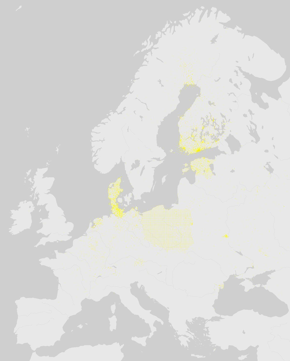 GBIF-Nachweise von Marderhund (Enok) (Nyctereutes procyonoides) in Europa. Gelbe bis rote Punkte: Dichte wissenschaftlicher Beobachtungen.