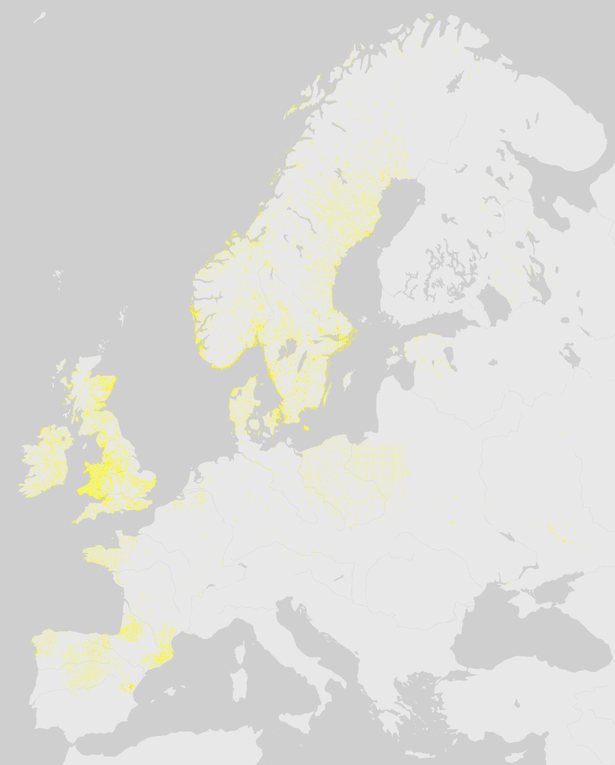 GBIF-Nachweise von Mink (Neogale vison) in Europa. Gelbe bis rote Punkte: Dichte wissenschaftlicher Beobachtungen.