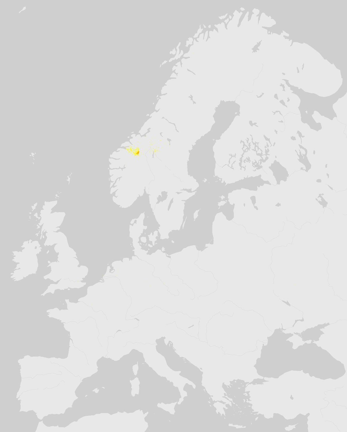 GBIF-Nachweise von Moschusochse (Ovibos moschatus) in Europa. Gelbe bis rote Punkte: Dichte wissenschaftlicher Beobachtungen.
