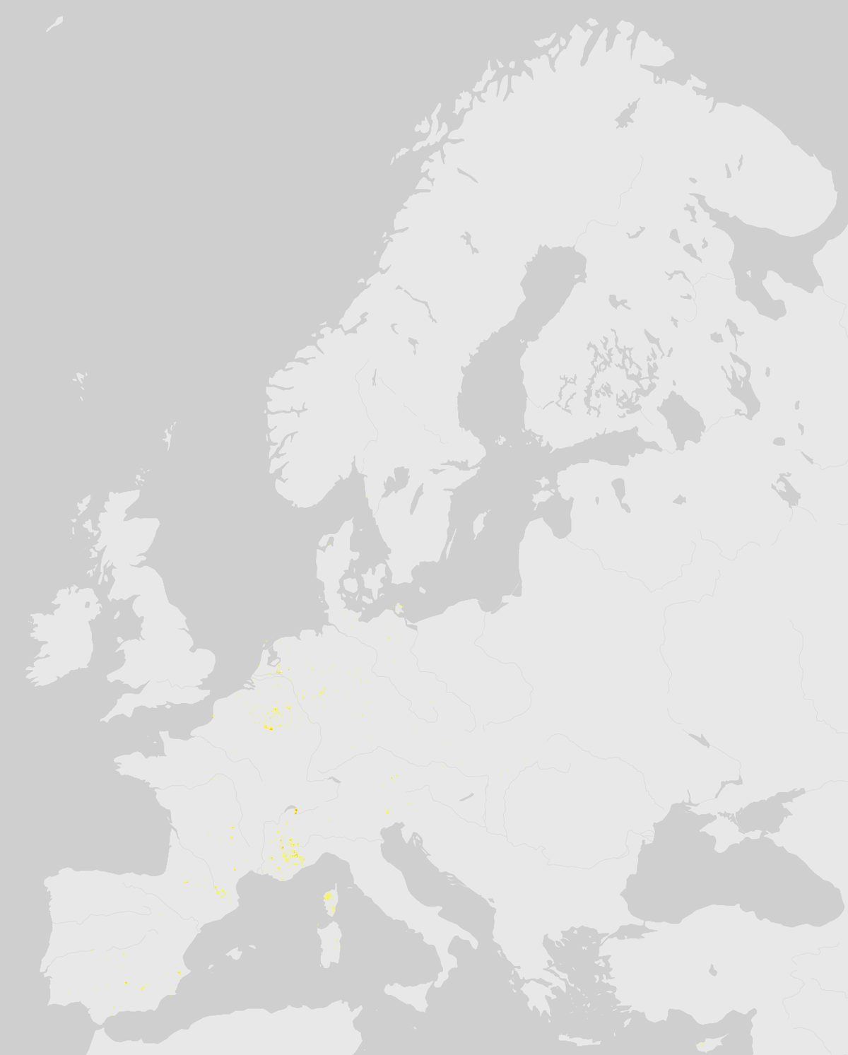 GBIF-Nachweise von Mufflon (Muffelwild) (Ovis gmelini musimon) in Europa. Gelbe bis rote Punkte: Dichte wissenschaftlicher Beobachtungen.