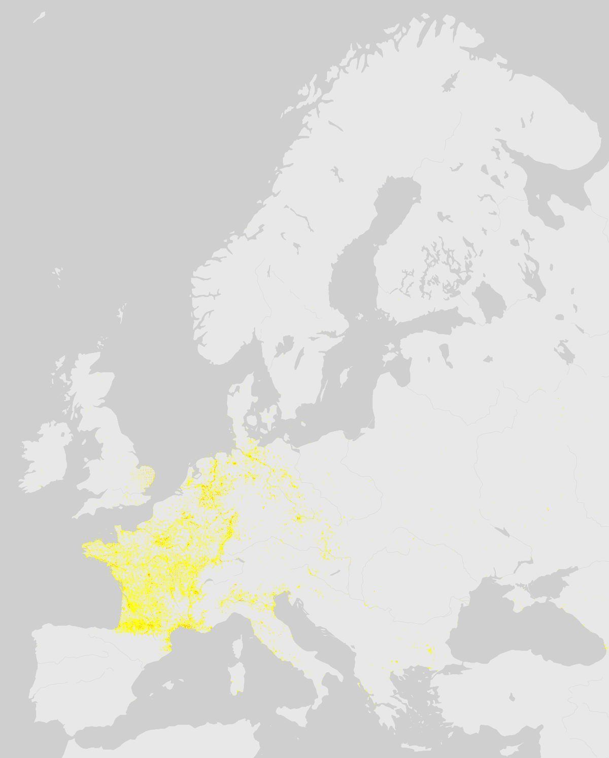 GBIF-Nachweise von Nutria (Sumpfbiber) (Myocastor coypus) in Europa. Gelbe bis rote Punkte: Dichte wissenschaftlicher Beobachtungen.