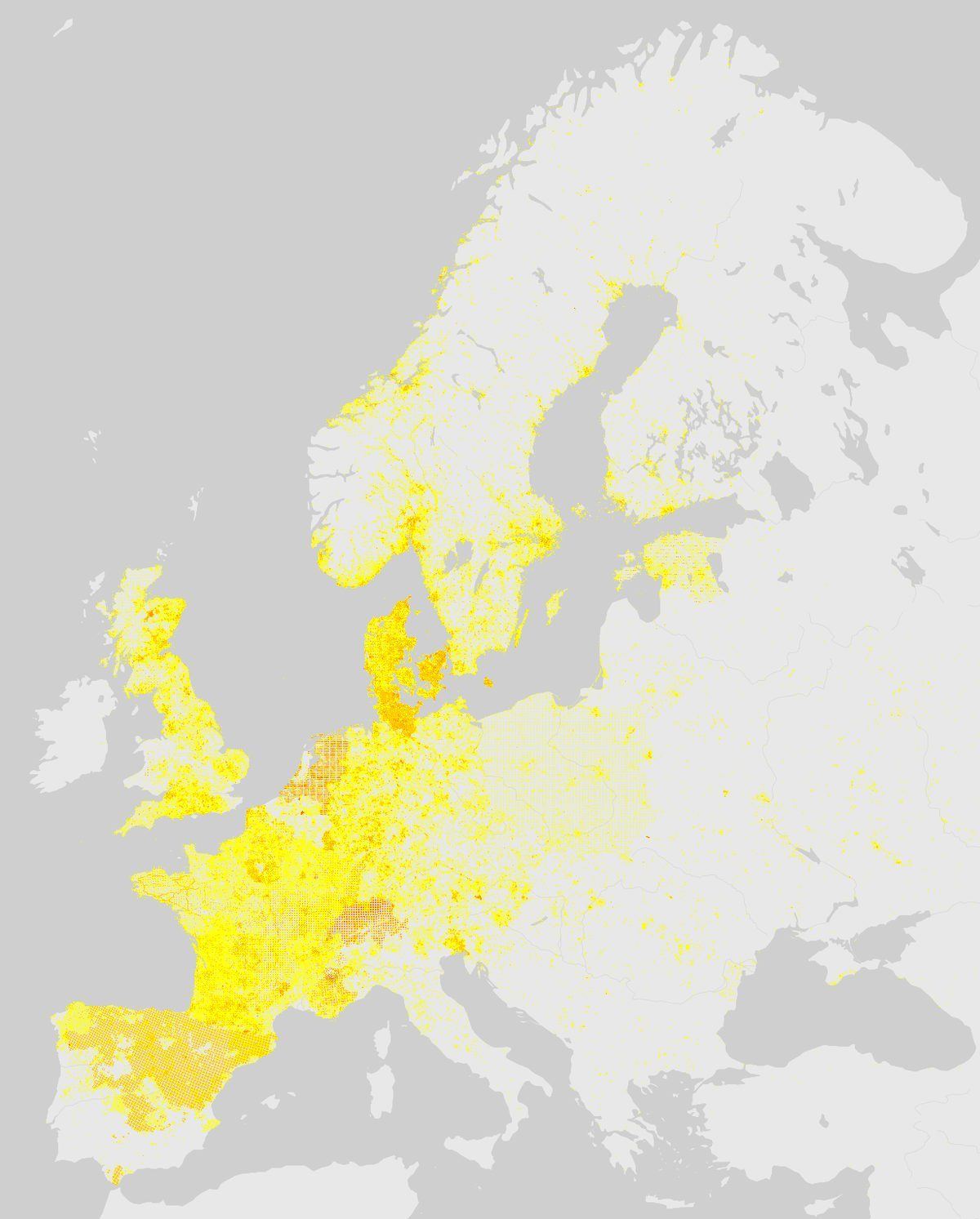 GBIF-Nachweise von Reh (Capreolus capreolus) in Europa. Gelbe bis rote Punkte: Dichte wissenschaftlicher Beobachtungen.