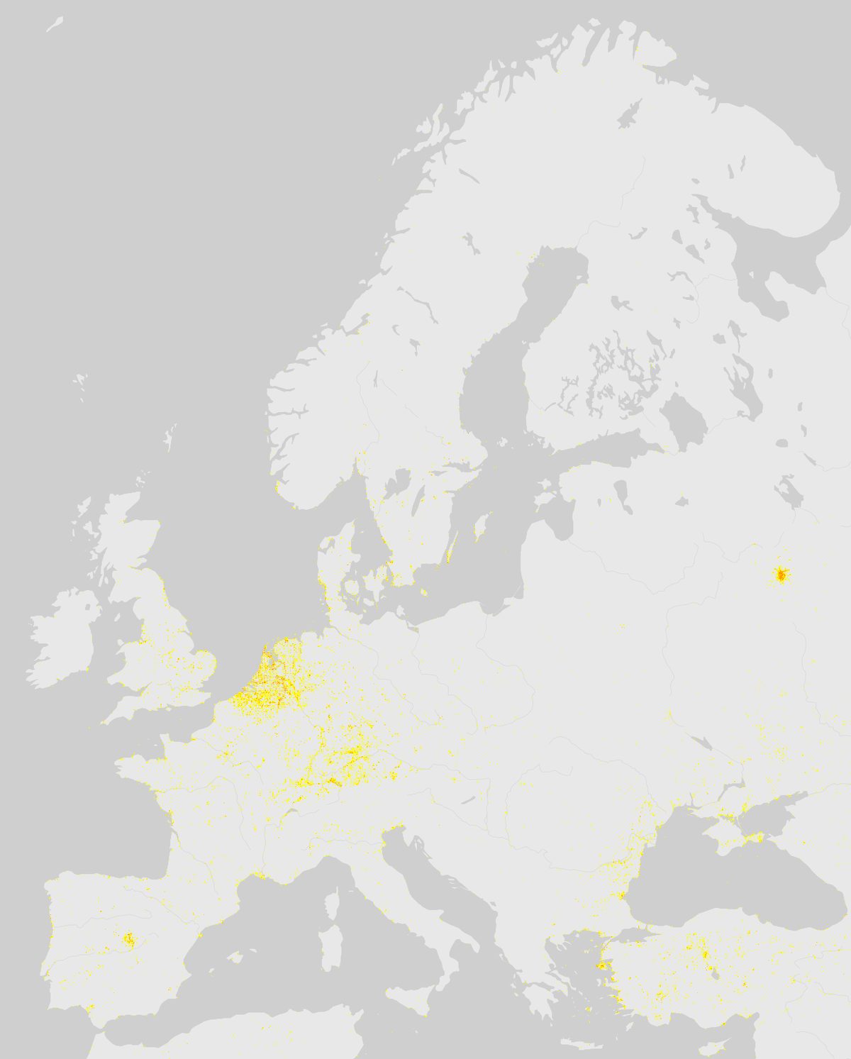 GBIF-Nachweise von Rostgans (Tadorna ferruginea) in Europa. Gelbe bis rote Punkte: Dichte wissenschaftlicher Beobachtungen.