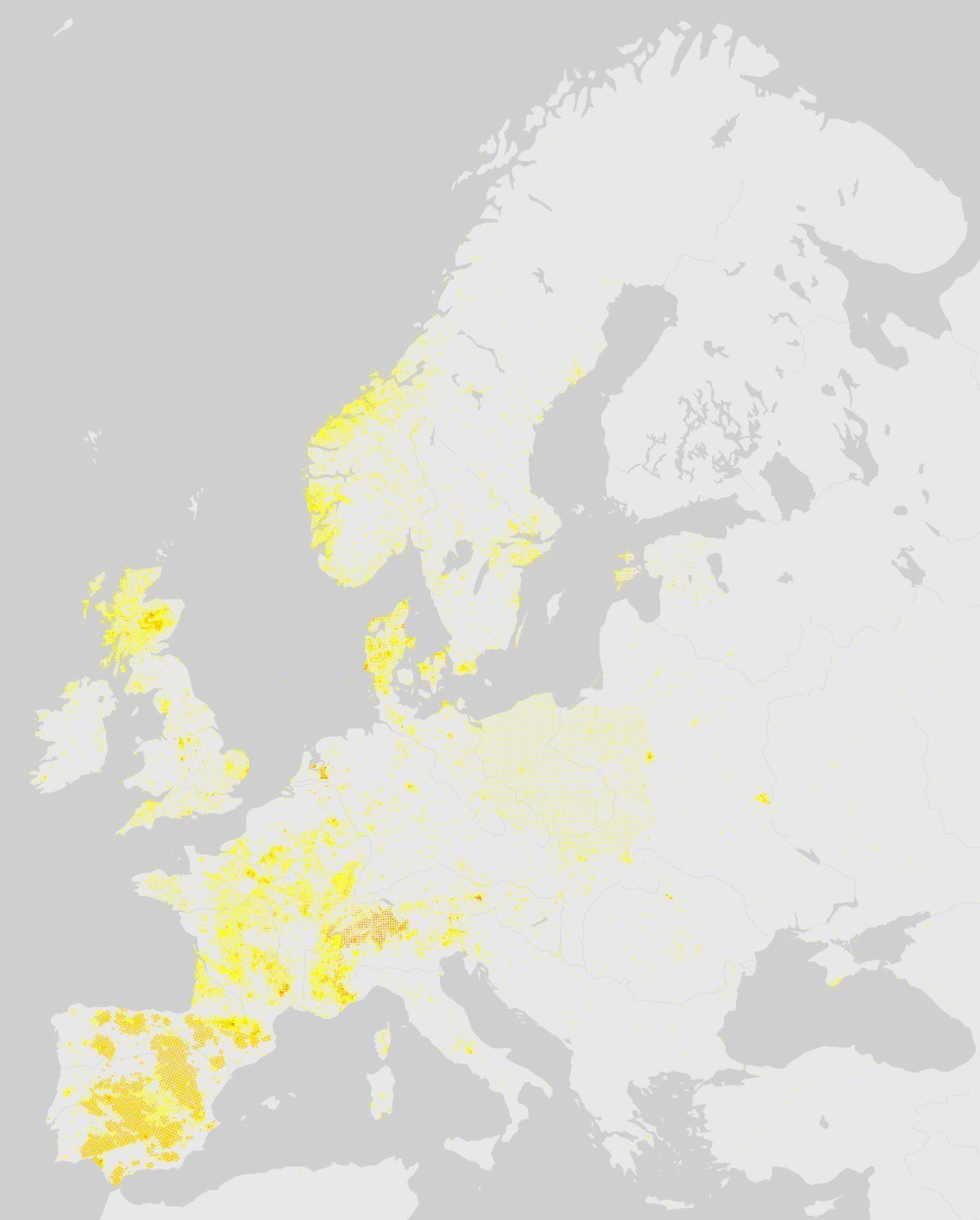 GBIF-Nachweise von Rothirsch (Cervus elaphus) in Europa. Gelbe bis rote Punkte: Dichte wissenschaftlicher Beobachtungen.