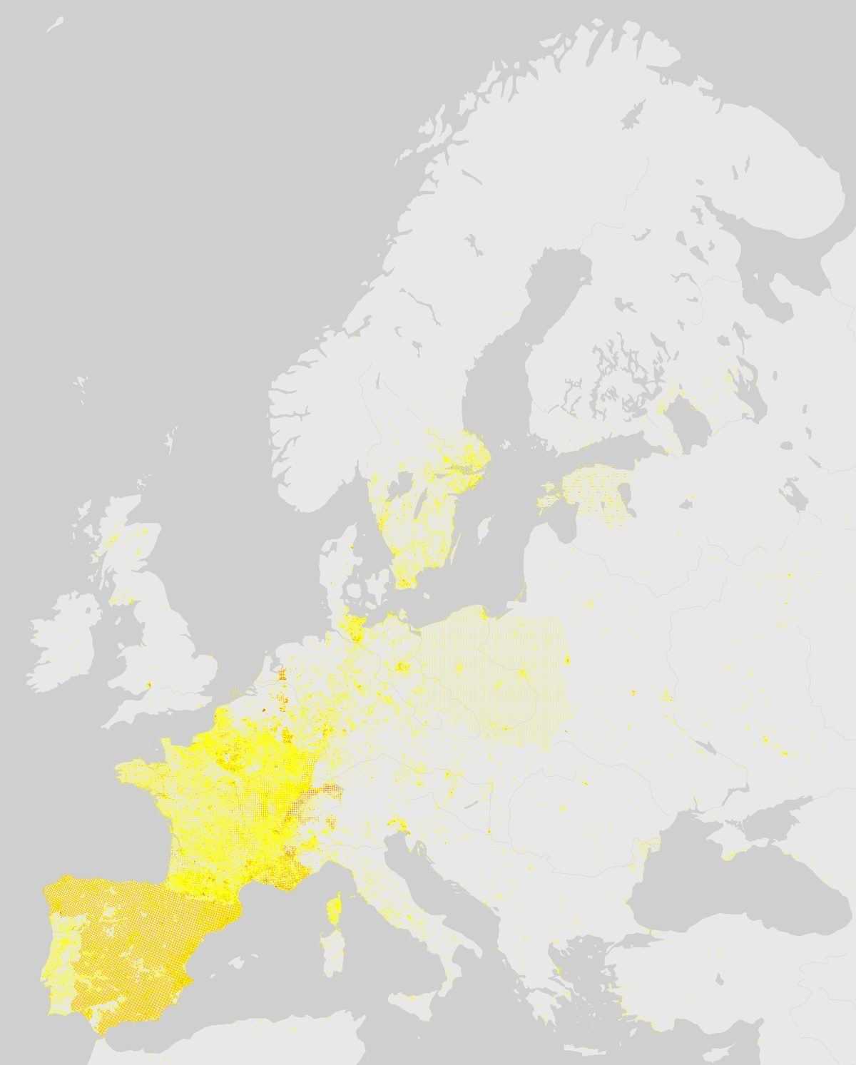 GBIF-Nachweise von Wildschwein (Schwarzwild) (Sus scrofa) in Europa. Gelbe bis rote Punkte: Dichte wissenschaftlicher Beobachtungen.