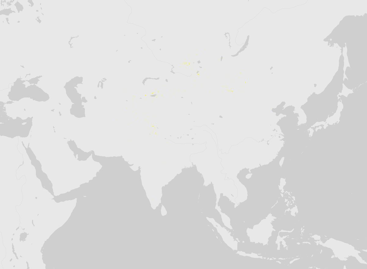GBIF-Nachweise von Sibirischer Steinbock (Capra sibirica) in Asien. Gelbe bis rote Punkte: Dichte wissenschaftlicher Beobachtungen.