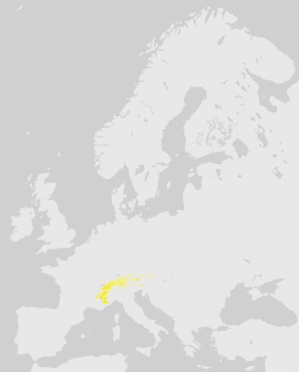GBIF-Nachweise von Alpensteinbock (Capra ibex) in Europa. Gelbe bis rote Punkte: Dichte wissenschaftlicher Beobachtungen.