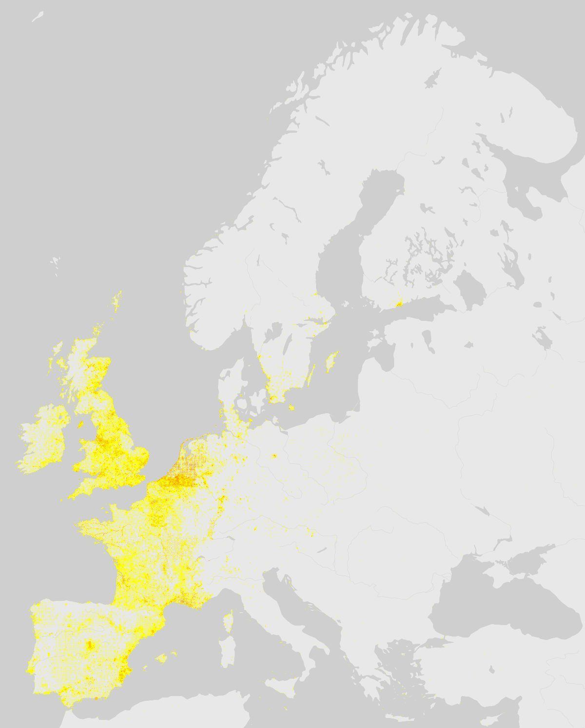 GBIF-Nachweise von Wildkaninchen (Oryctolagus cuniculus) in Europa. Gelbe bis rote Punkte: Dichte wissenschaftlicher Beobachtungen.