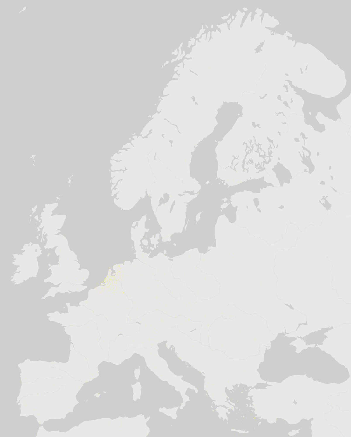 GBIF-Nachweise von Wildtruthahn (Wildtruthuhn) (Meleagris gallopavo) in Europa. Gelbe bis rote Punkte: Dichte wissenschaftlicher Beobachtungen.