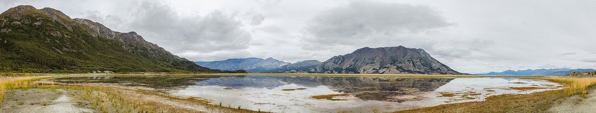 Sehr breites Panorama eines flachen Sees mit Spiegelung zwischen kahlen und bewaldeten Bergen, davor gelbes Ufergras und Schotter, grauer Wolkenhimmel